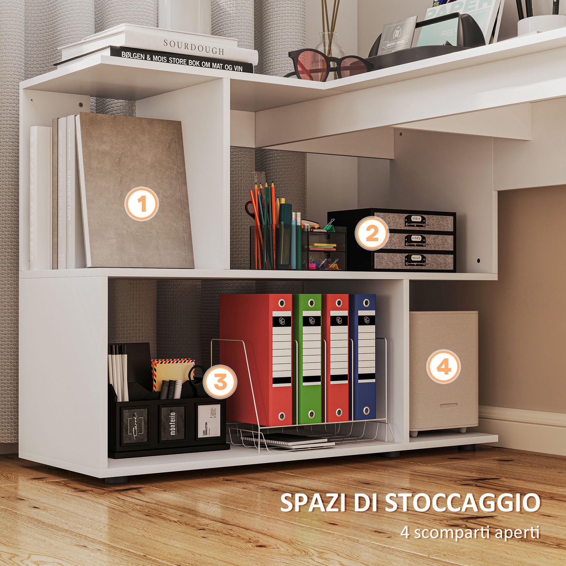 L-Shaped Corner Desk with 4 Shelves, Computer Corner Desk in Wood, Gaming Desk for Office, Living Room and Study, Modern Style, 120x100x77 cm, Glossy White
