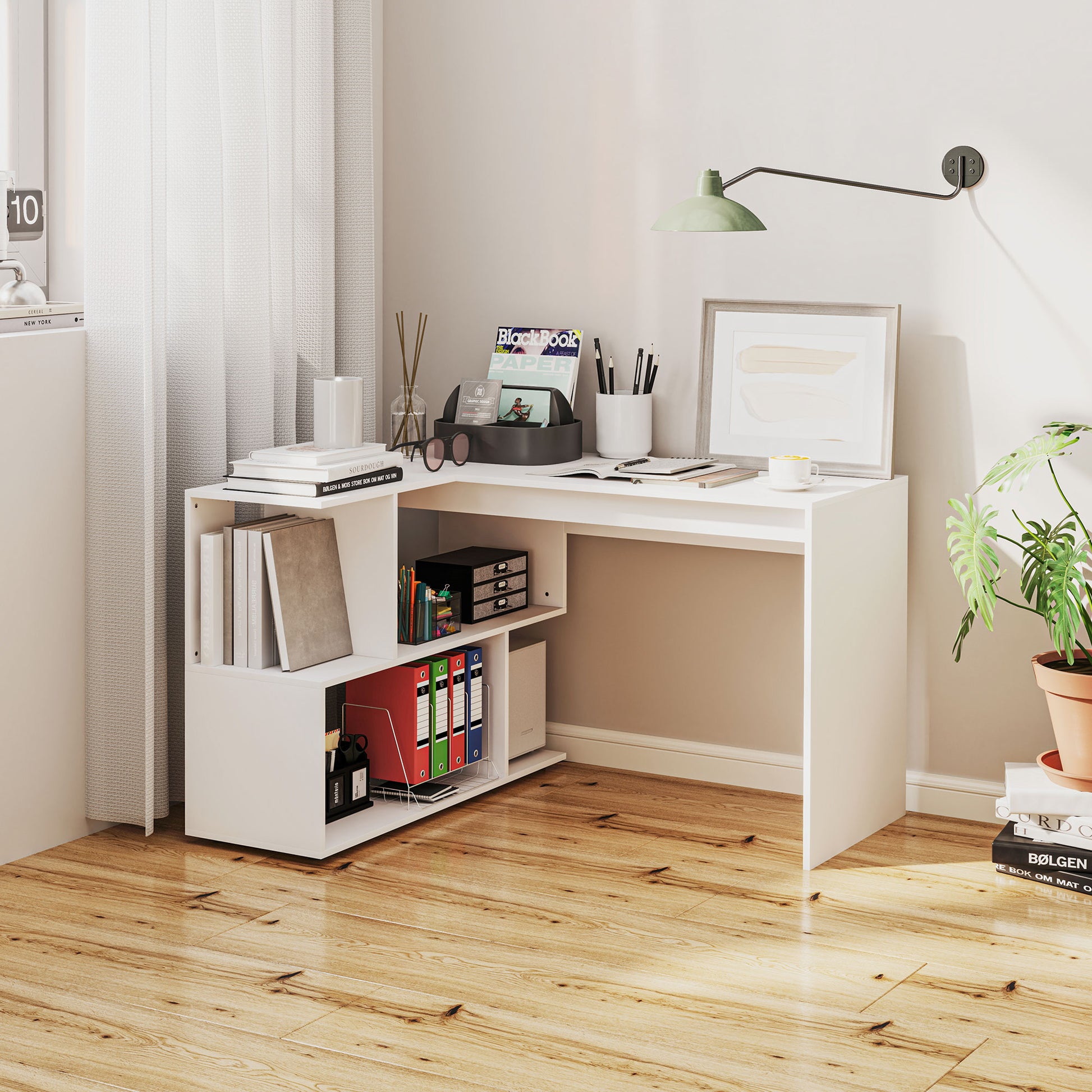 L-Shaped Corner Desk with 4 Shelves, Computer Corner Desk in Wood, Gaming Desk for Office, Living Room and Study, Modern Style, 120x100x77 cm, Glossy White