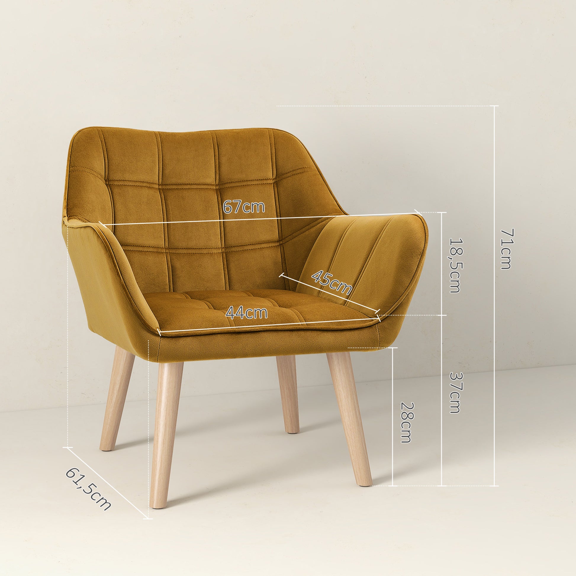 Armchair Living Room Wing Chair Lounge Chair Recliner with Rubberwood Legs, Reading Chair with Velvet Look, Upholstered Chair for Bedroom, Scandinavian, Yellow