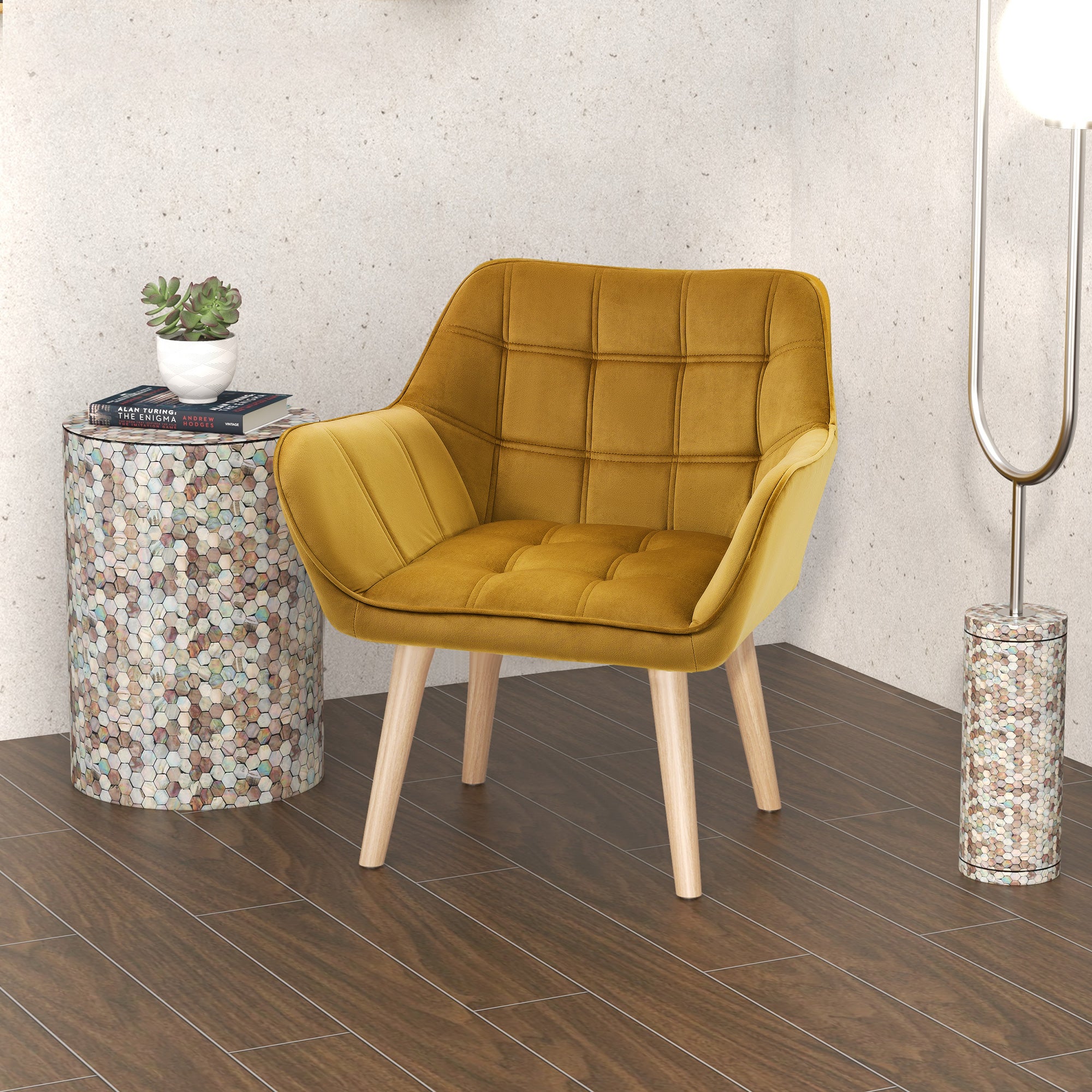 Armchair Living Room Wing Chair Lounge Chair Recliner with Rubberwood Legs, Reading Chair with Velvet Look, Upholstered Chair for Bedroom, Scandinavian, Yellow