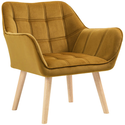 Armchair Living Room Wing Chair Lounge Chair Recliner with Rubberwood Legs, Reading Chair with Velvet Look, Upholstered Chair for Bedroom, Scandinavian, Yellow