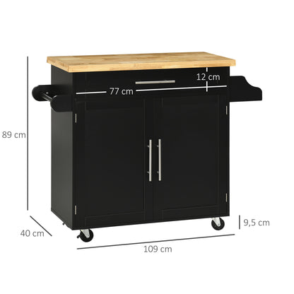 Kitchen Island Kitchen Cart on Wheels with Worktop, Serving Trolley with Drawer, Spice Rack, Towel Holder, Kitchen Trolley for Kitchen, Dining Room Black 109 x 40 x 89 cm