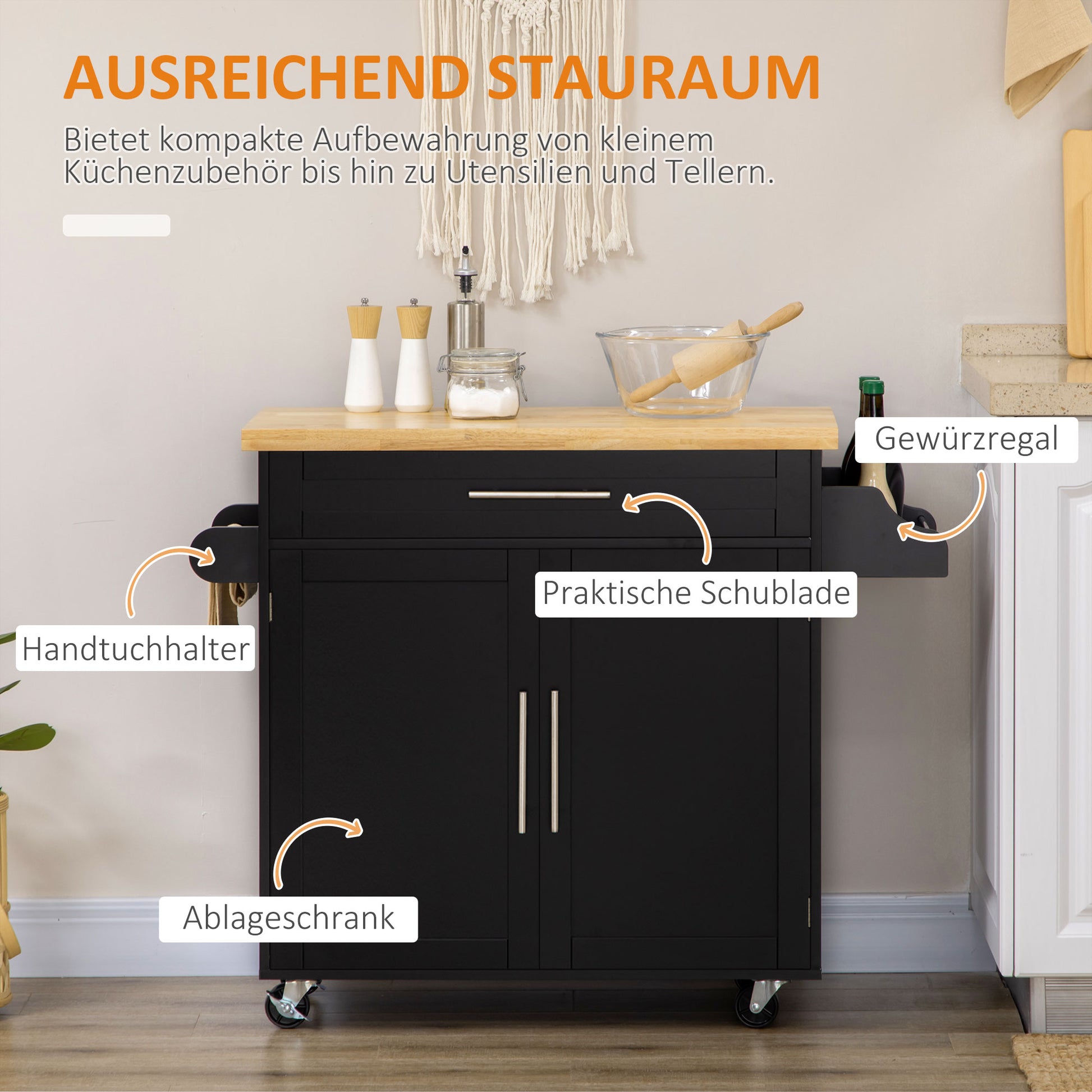 Kitchen Island Kitchen Cart on Wheels with Worktop, Serving Trolley with Drawer, Spice Rack, Towel Holder, Kitchen Trolley for Kitchen, Dining Room Black 109 x 40 x 89 cm