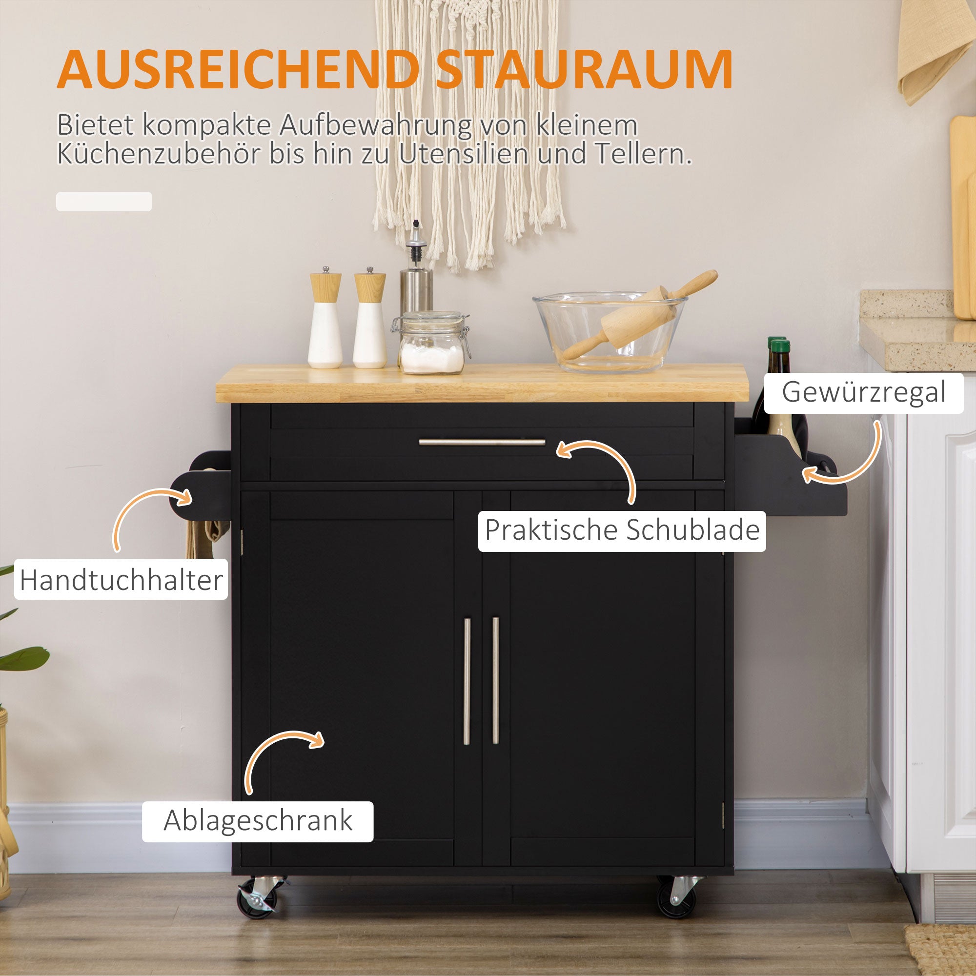 Kitchen Island Kitchen Cart on Wheels with Worktop, Serving Trolley with Drawer, Spice Rack, Towel Holder, Kitchen Trolley for Kitchen, Dining Room Black 109 x 40 x 89 cm