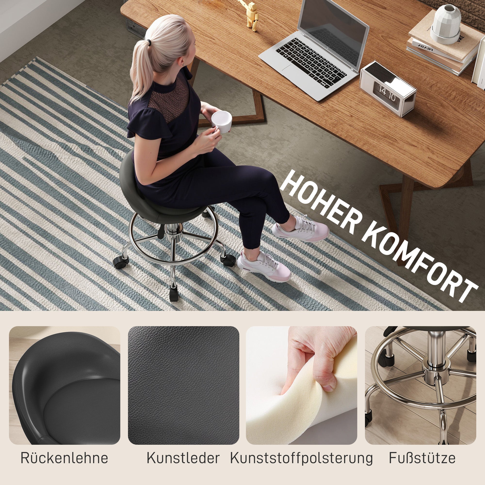 Adjustable Rolling Stool with Backrest Swivel Stool 59-75 cm Work Stool 360° Rotatable Stool Office Stool for Office Salon Massage Spa Black