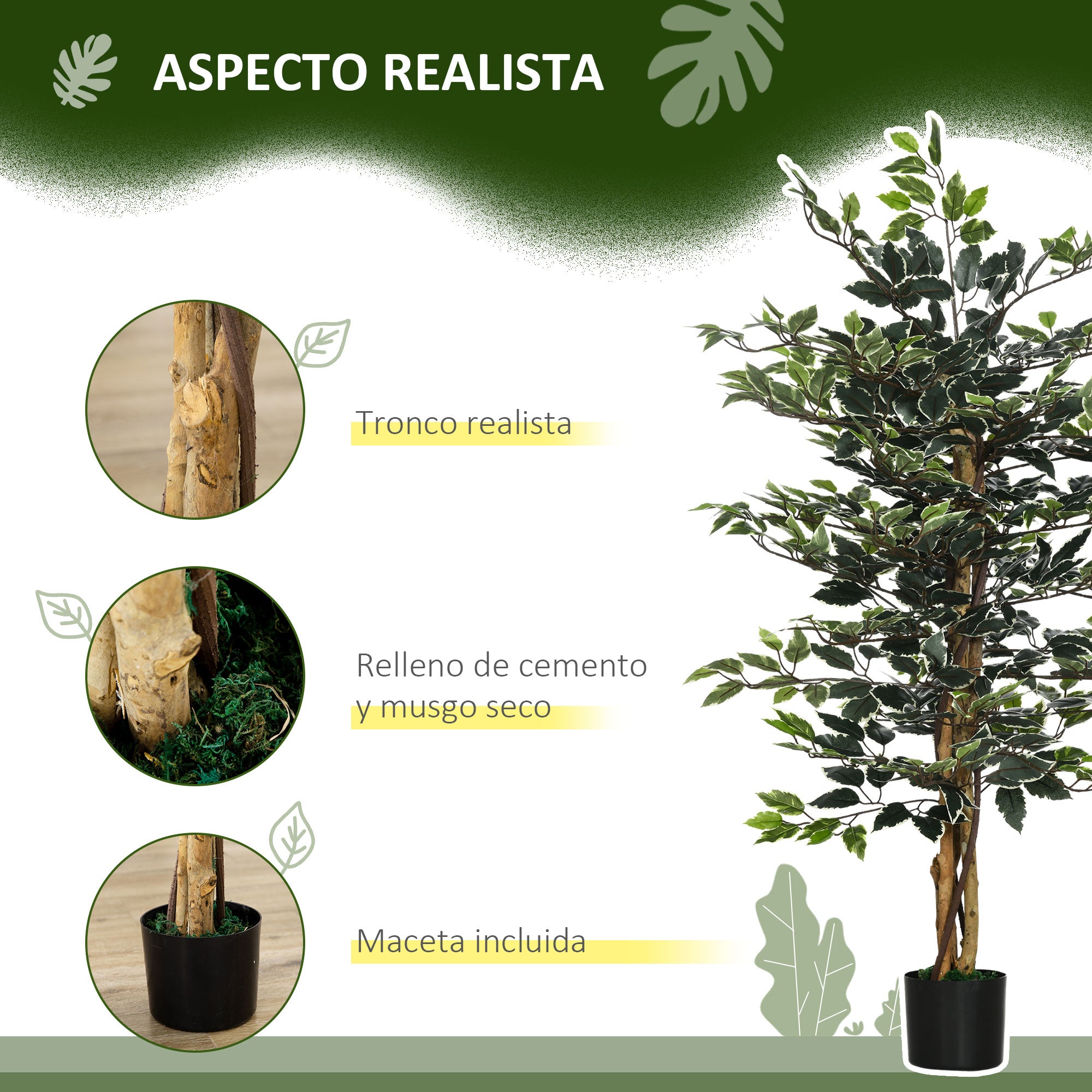 Artificial Ficus with Trunks 130 cm Artificial Plant with Pots and 702 Realistic Leaves for Home Decoration Living Room Bedroom Ø15x130 cm Green