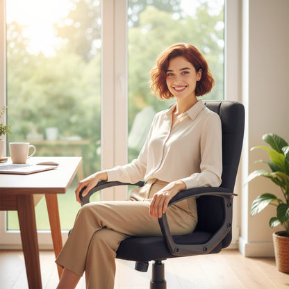 Mid-Back Swivel Office Chair — Synthetic Linen Upholstery, Height-Adjustable, Tilt, Armrests, Casters — Black