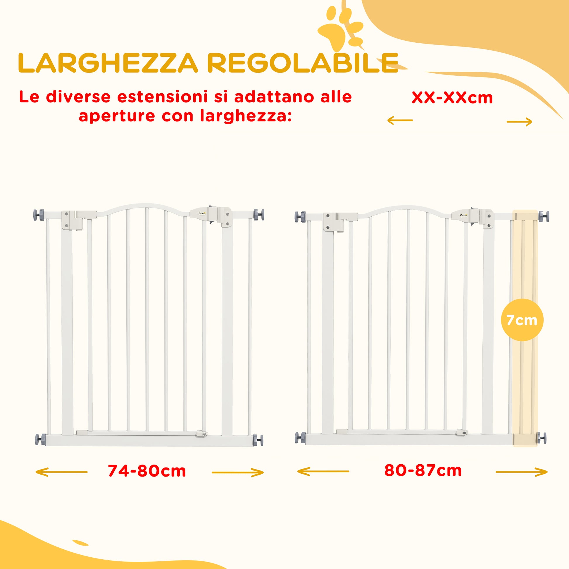 78 cm Indoor Dog Gate, Safety Dog Gate, Extensible Dog Barrier 74-87 cm with Double Lock and Automatic Closure for Stairs and Door, White
