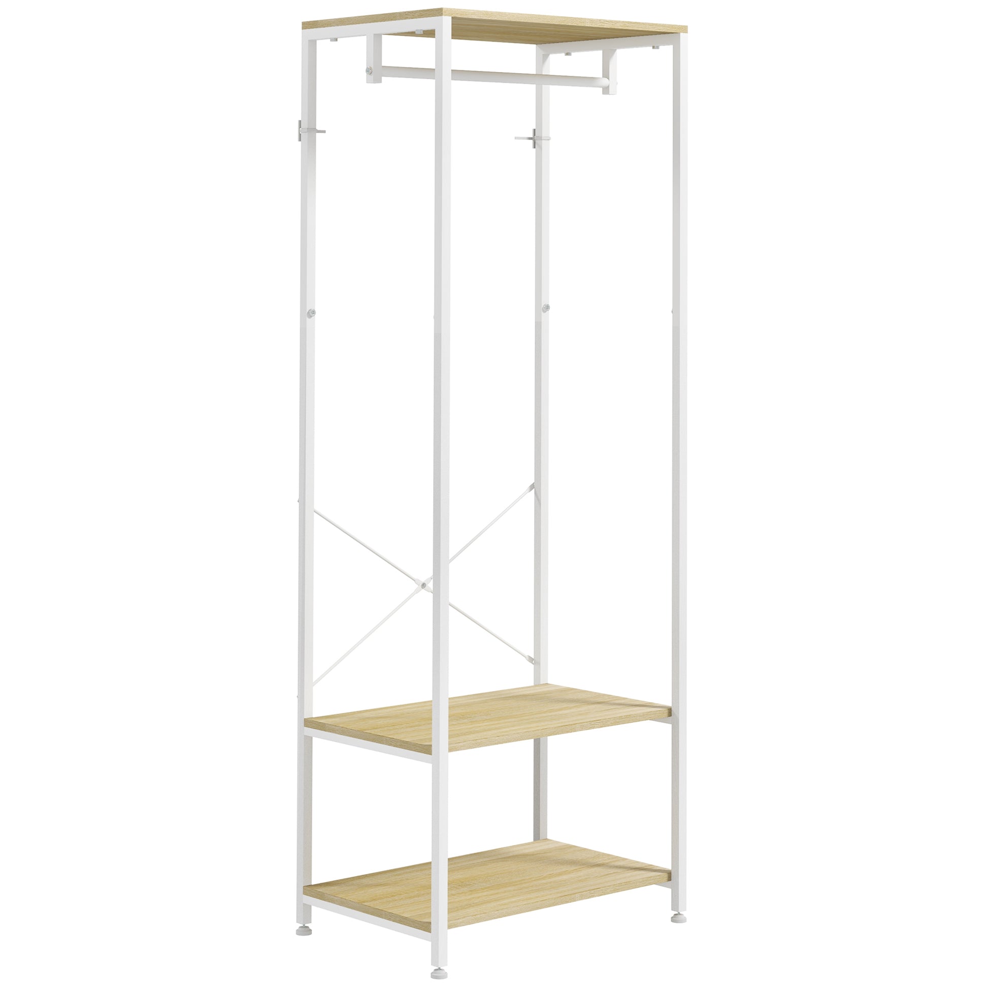 Coat Rack with Shoe Shelf Entryway Furniture Entry Hall Industrial Style 60L x 40W x 167.5H cm Light Wood Look White Metal
