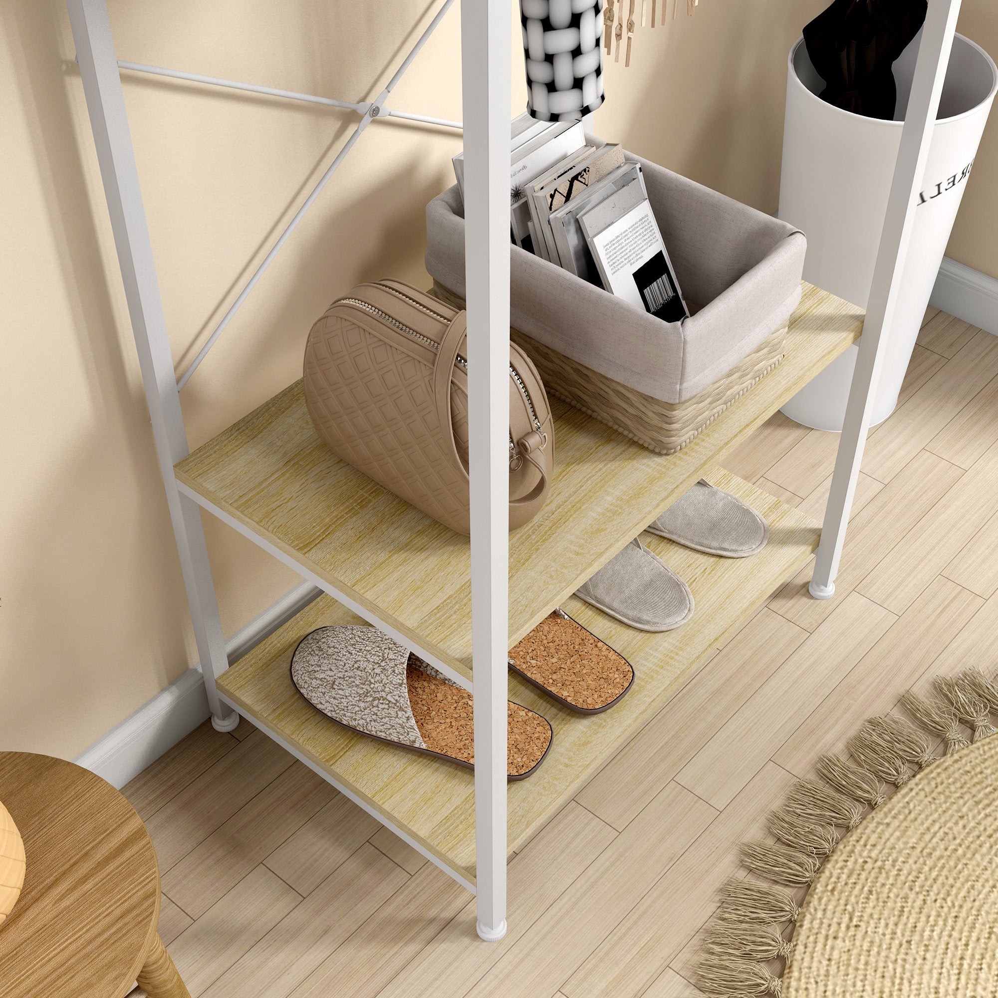 Coat Rack with Shoe Shelf Entryway Furniture Entry Hall Industrial Style 60L x 40W x 167.5H cm Light Wood Look White Metal
