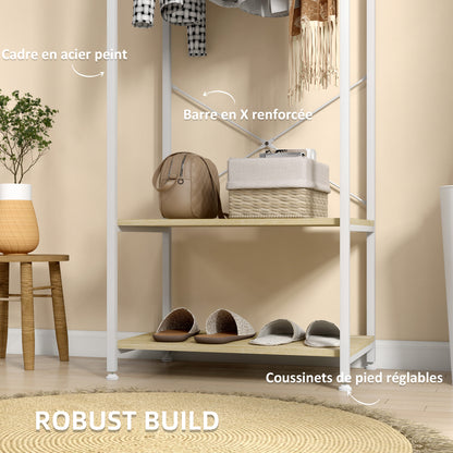 Coat Rack with Shoe Shelf Entryway Furniture Entry Hall Industrial Style 60L x 40W x 167.5H cm Light Wood Look White Metal