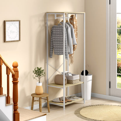 Coat Rack with Shoe Shelf Entryway Furniture Entry Hall Industrial Style 60L x 40W x 167.5H cm Light Wood Look White Metal