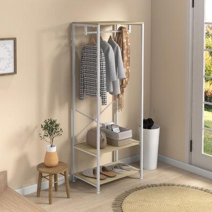 Coat Rack with Shoe Shelf Entryway Furniture Entry Hall Industrial Style 60L x 40W x 167.5H cm Light Wood Look White Metal