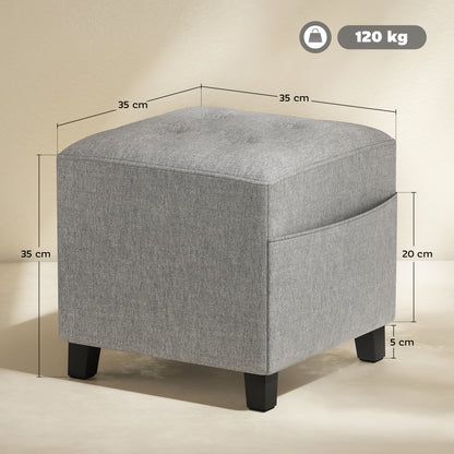 Square Ottoman with Side Pocket, Padded Seat, Rubberwood Legs, Linen-Look Fabric, 13.8 in, Light Gray
