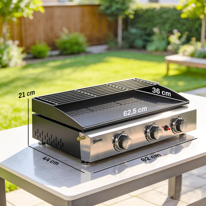 Portable Tabletop Gas Grill 7.5 kW – 3-Burner Ceramic-Coated Griddle, Stainless Warming Rack, Removable Grease Tray, Stainless Steel Picnic/Patio Grill