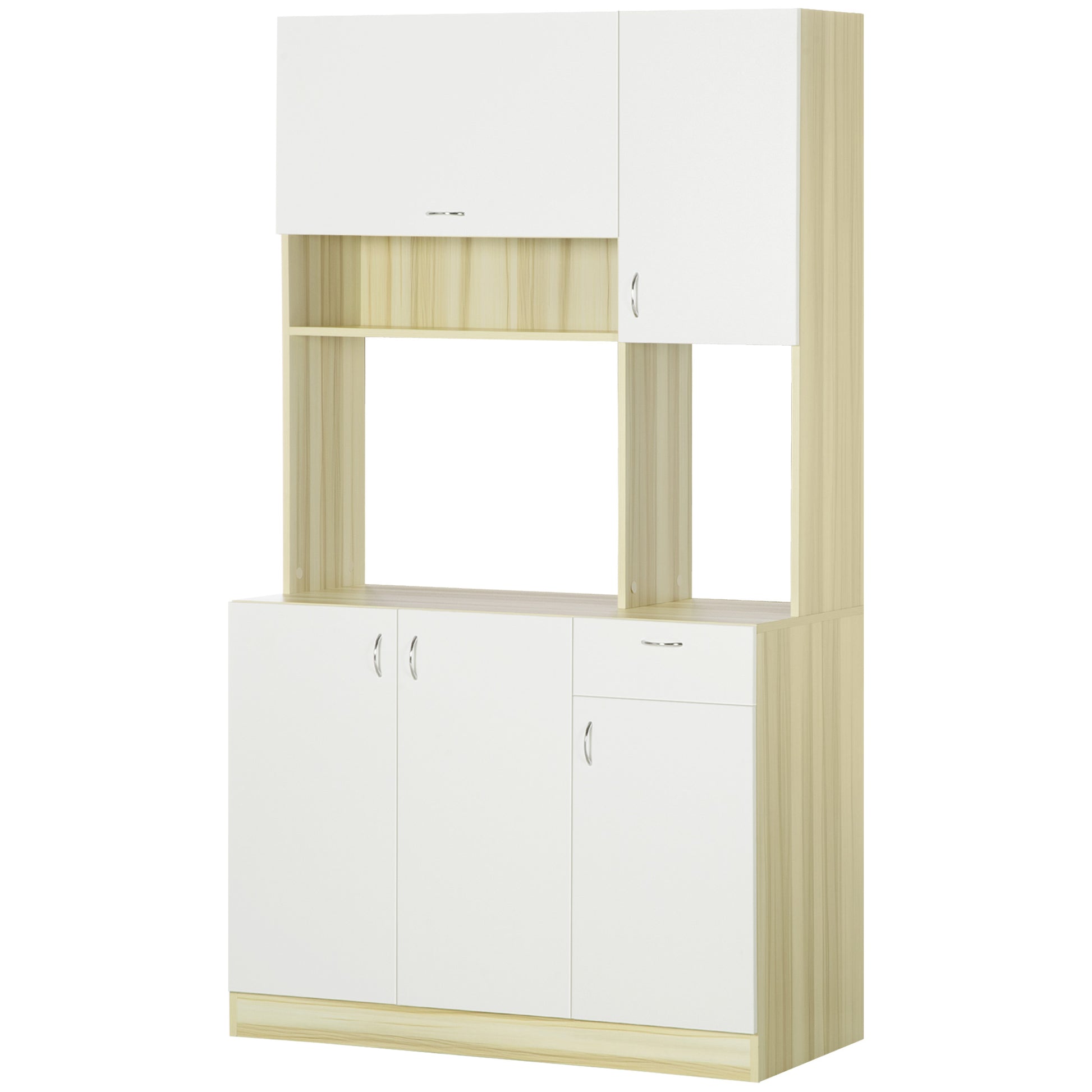 4-Door Kitchen Buffet with 3 Cabinets, Drawer, Hanging Cabinet, and Particle Board Countertop, 102x48x180cm, White and Wood Color