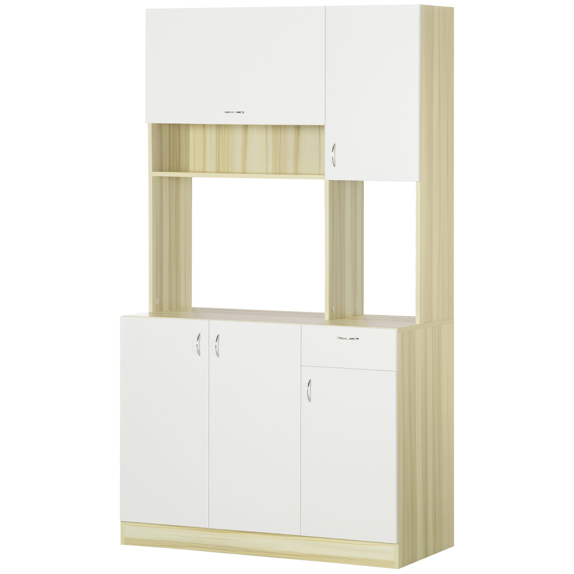 4-Door Kitchen Buffet with 3 Cabinets, Drawer, Hanging Cabinet, and Particle Board Countertop, 102x48x180cm, White and Wood Color