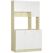 4-Door Kitchen Buffet with 3 Cabinets, Drawer, Hanging Cabinet, and Particle Board Countertop, 102x48x180cm, White and Wood Color