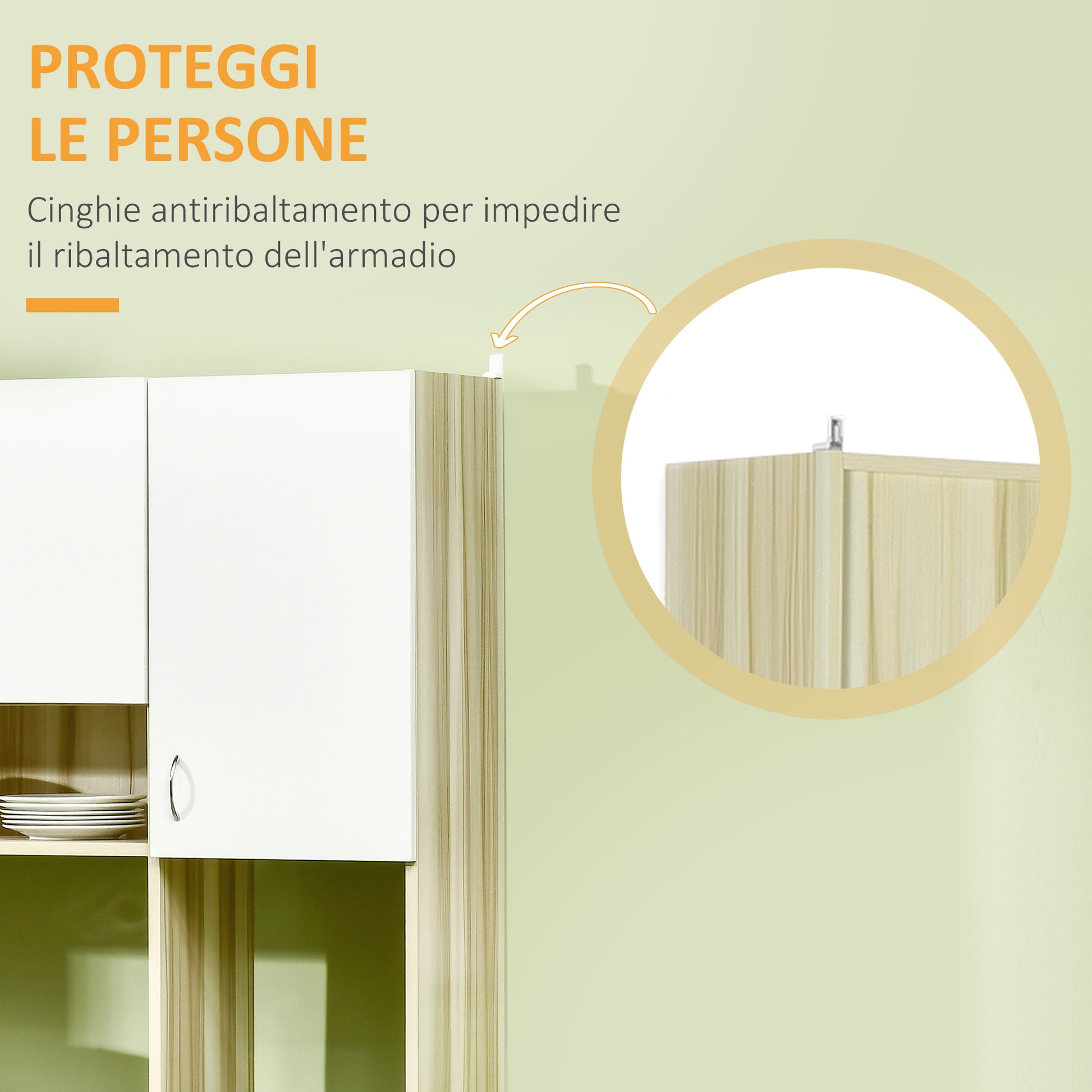 4-Door Kitchen Buffet with 3 Cabinets, Drawer, Hanging Cabinet, and Particle Board Countertop, 102x48x180cm, White and Wood Color