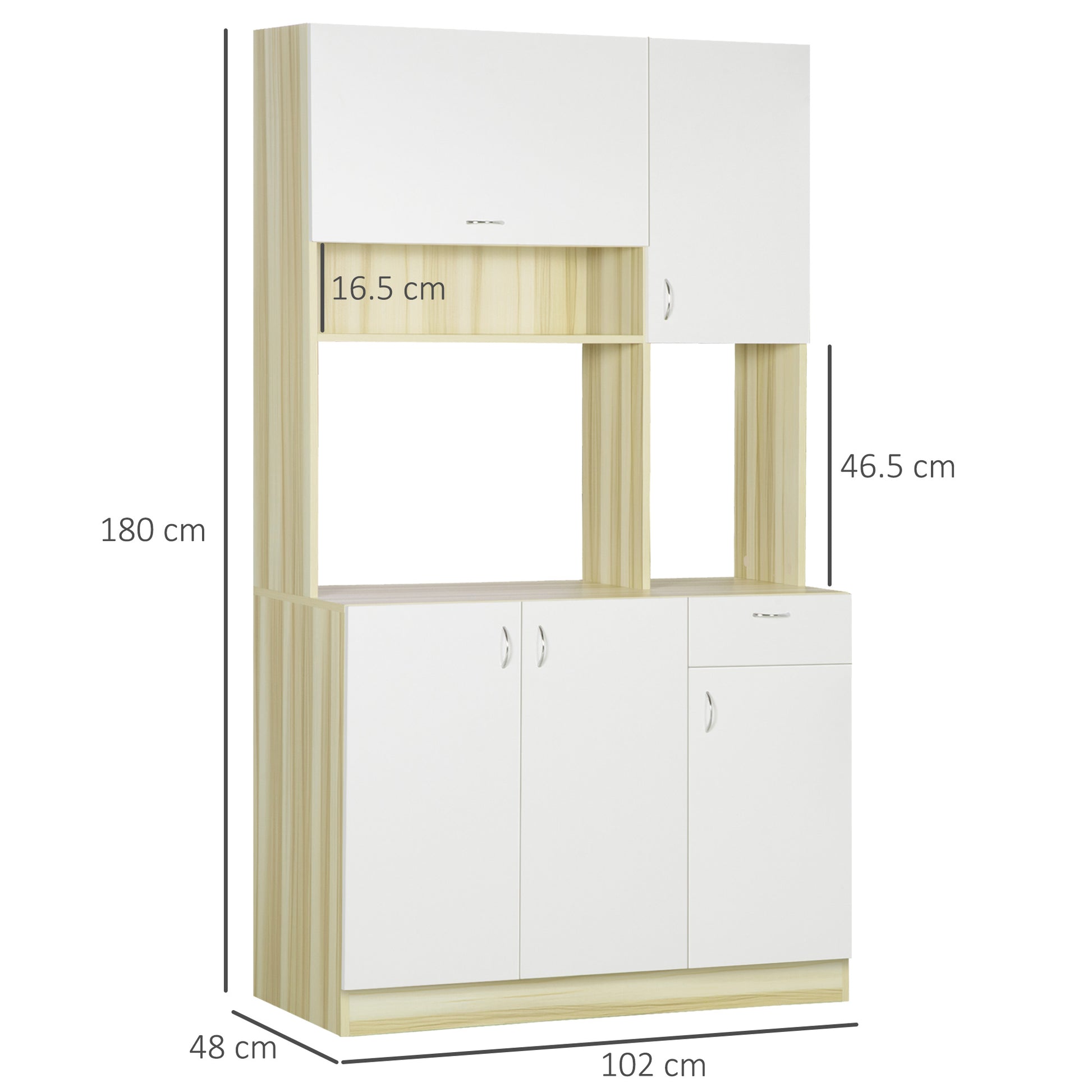 4-Door Kitchen Buffet with 3 Cabinets, Drawer, Hanging Cabinet, and Particle Board Countertop, 102x48x180cm, White and Wood Color