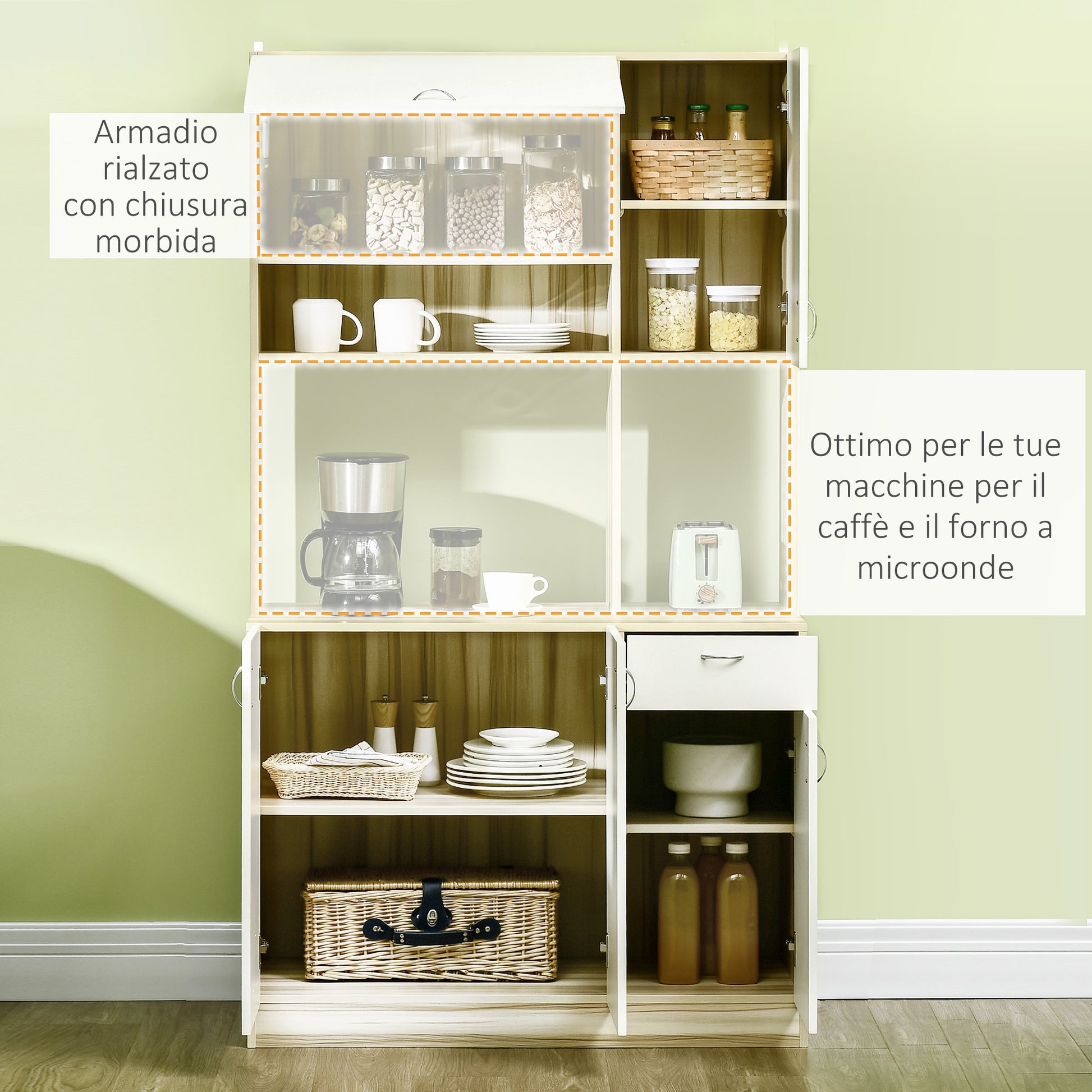 4-Door Kitchen Buffet with 3 Cabinets, Drawer, Hanging Cabinet, and Particle Board Countertop, 102x48x180cm, White and Wood Color