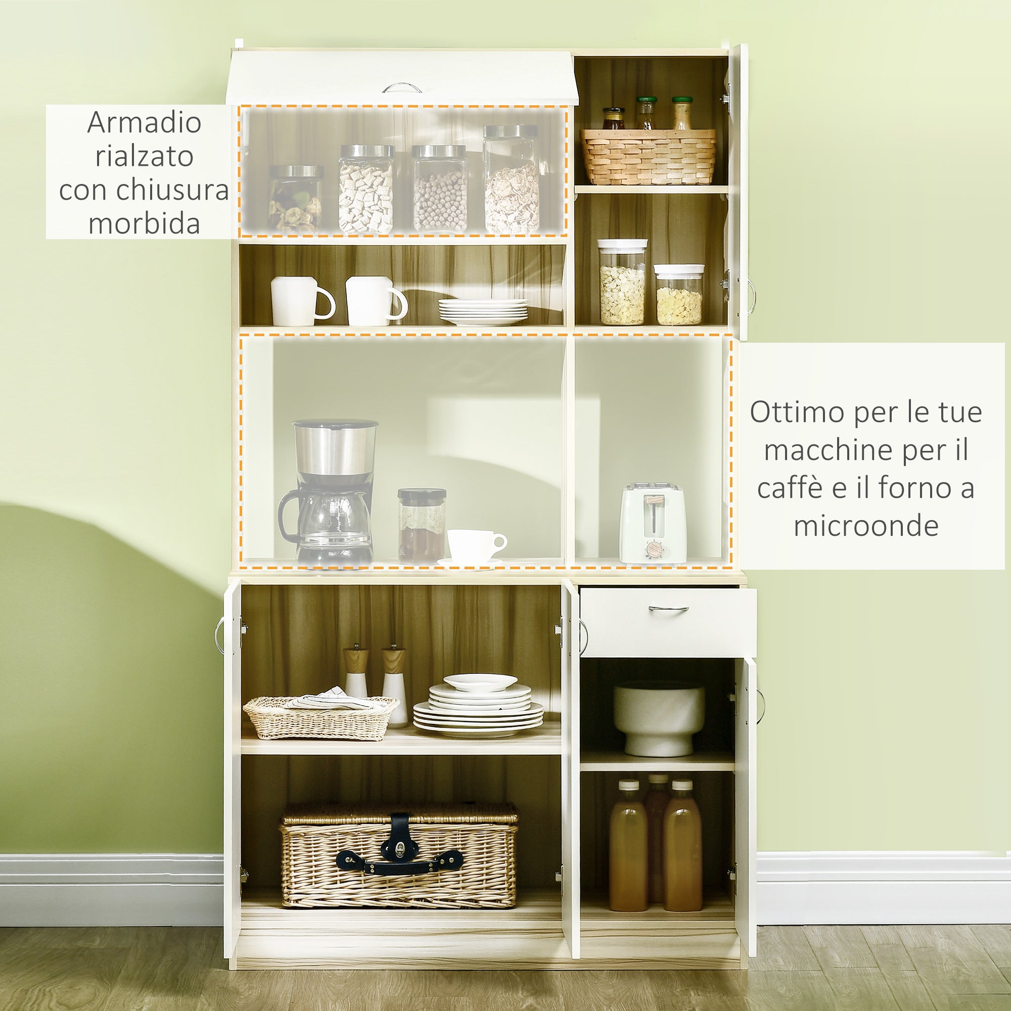 4-Door Kitchen Buffet with 3 Cabinets, Drawer, Hanging Cabinet, and Particle Board Countertop, 102x48x180cm, White and Wood Color
