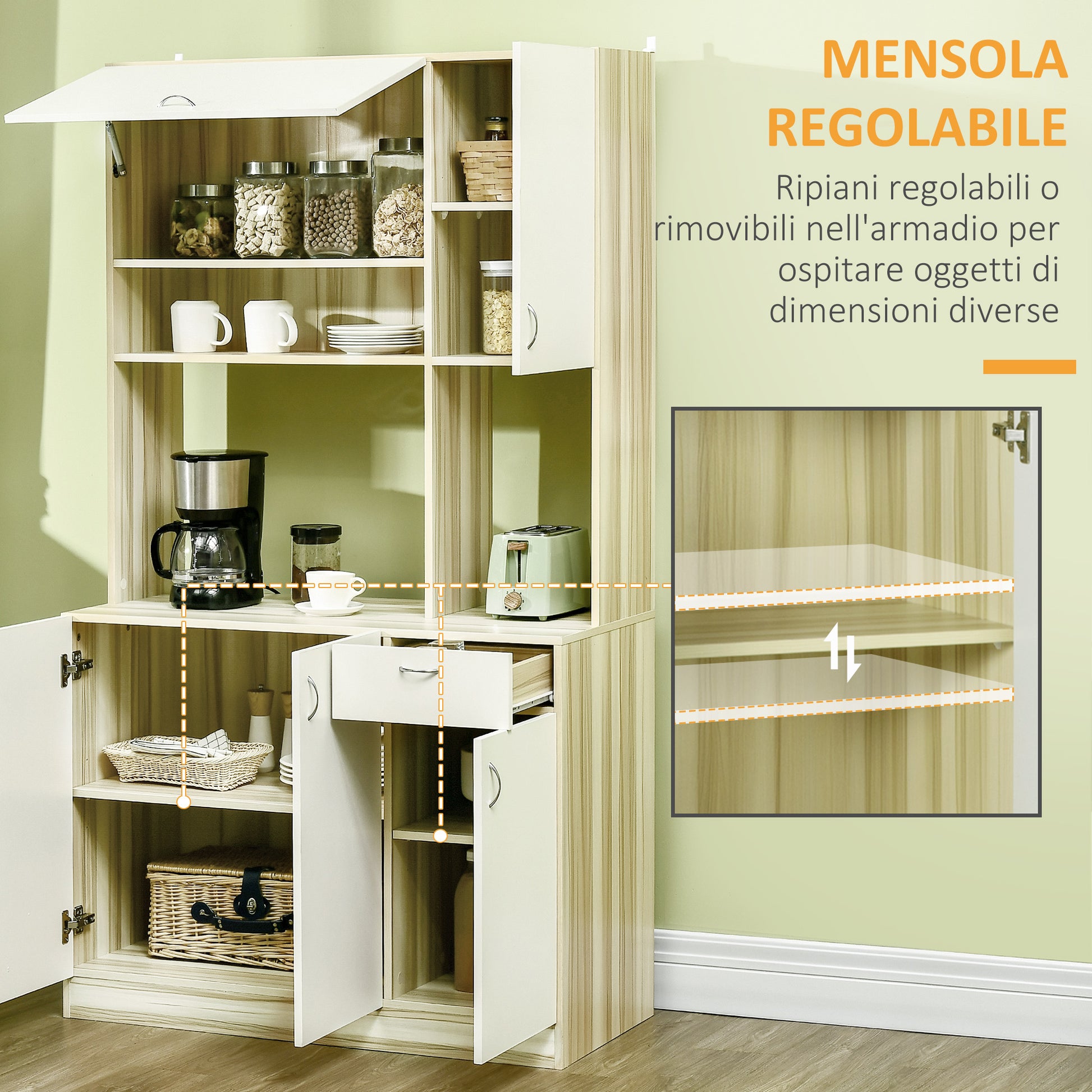 4-Door Kitchen Buffet with 3 Cabinets, Drawer, Hanging Cabinet, and Particle Board Countertop, 102x48x180cm, White and Wood Color
