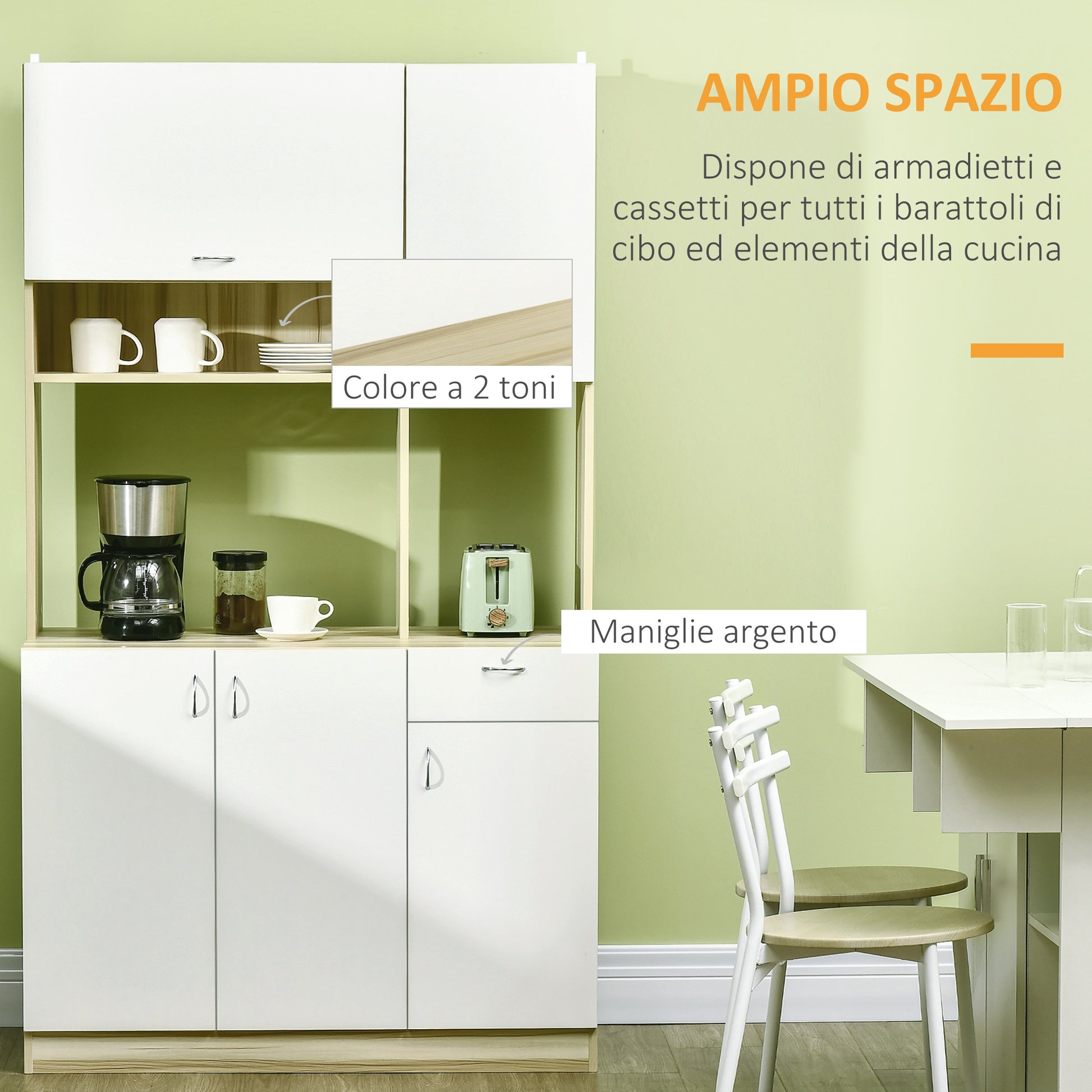 4-Door Kitchen Buffet with 3 Cabinets, Drawer, Hanging Cabinet, and Particle Board Countertop, 102x48x180cm, White and Wood Color
