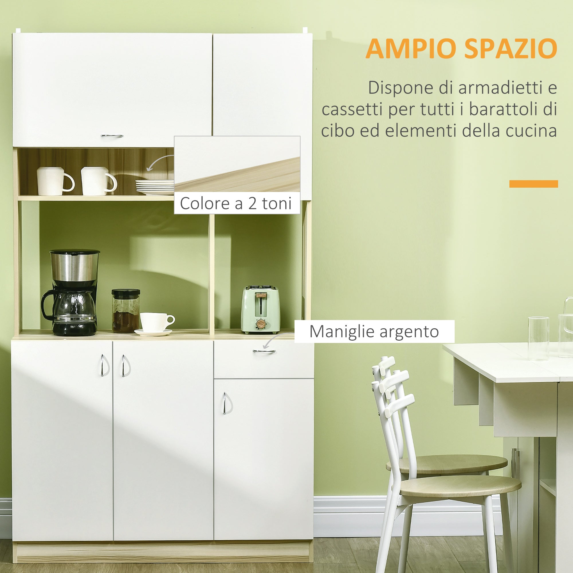 4-Door Kitchen Buffet with 3 Cabinets, Drawer, Hanging Cabinet, and Particle Board Countertop, 102x48x180cm, White and Wood Color