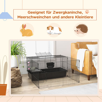 99 cm Small Animal Cage with Run, Small Animal Hutch with Water Bottle, Feeding Bowl, Rodent Cage with Feeding Trough, Guinea Pig Cage for Small Animals Steel Black