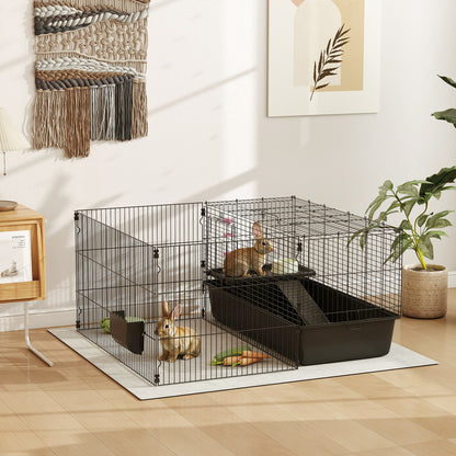 99 cm Small Animal Cage with Run, Small Animal Hutch with Water Bottle, Feeding Bowl, Rodent Cage with Feeding Trough, Guinea Pig Cage for Small Animals Steel Black