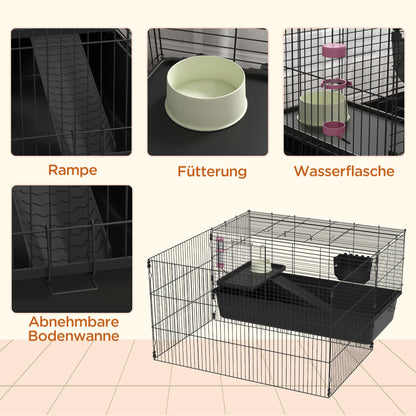 99 cm Small Animal Cage with Run, Small Animal Hutch with Water Bottle, Feeding Bowl, Rodent Cage with Feeding Trough, Guinea Pig Cage for Small Animals Steel Black