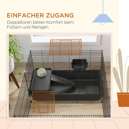 99 cm Small Animal Cage with Run, Small Animal Hutch with Water Bottle, Feeding Bowl, Rodent Cage with Feeding Trough, Guinea Pig Cage for Small Animals Steel Black