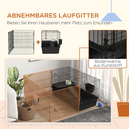 99 cm Small Animal Cage with Run, Small Animal Hutch with Water Bottle, Feeding Bowl, Rodent Cage with Feeding Trough, Guinea Pig Cage for Small Animals Steel Black