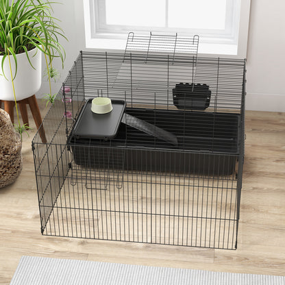 99 cm Small Animal Cage with Run, Small Animal Hutch with Water Bottle, Feeding Bowl, Rodent Cage with Feeding Trough, Guinea Pig Cage for Small Animals Steel Black