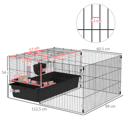 99 cm Small Animal Cage with Run, Small Animal Hutch with Water Bottle, Feeding Bowl, Rodent Cage with Feeding Trough, Guinea Pig Cage for Small Animals Steel Black