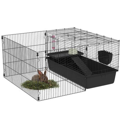 99 cm Small Animal Cage with Run, Small Animal Hutch with Water Bottle, Feeding Bowl, Rodent Cage with Feeding Trough, Guinea Pig Cage for Small Animals Steel Black