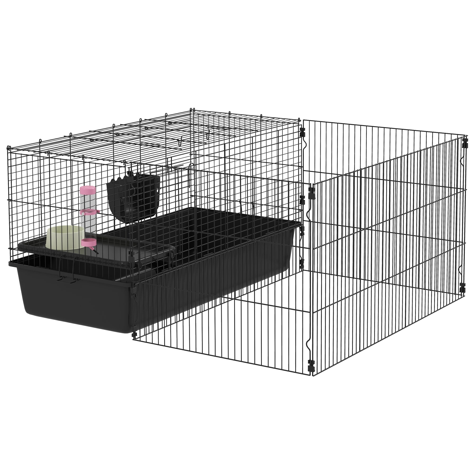 99 cm Small Animal Cage with Run, Small Animal Hutch with Water Bottle, Feeding Bowl, Rodent Cage with Feeding Trough, Guinea Pig Cage for Small Animals Steel Black
