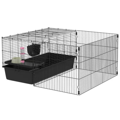 99 cm Small Animal Cage with Run, Small Animal Hutch with Water Bottle, Feeding Bowl, Rodent Cage with Feeding Trough, Guinea Pig Cage for Small Animals Steel Black