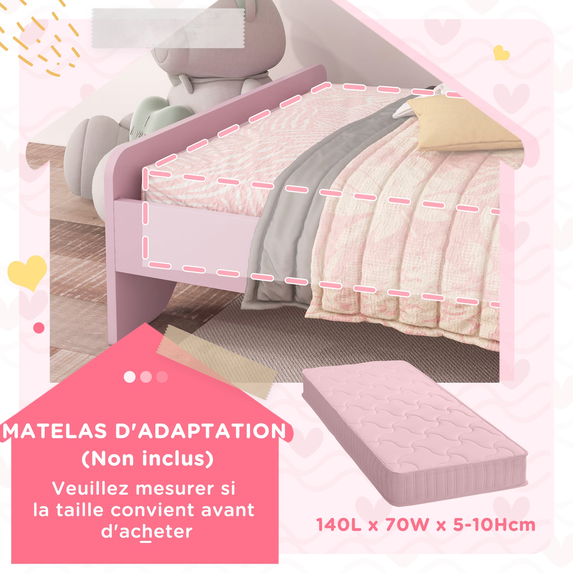 ZONEKIZ Children's Bed for 3 to 6-Year-Olds 143 x 74 x 55 cm Cloud Design - Slatted Base Included, Modern Pink Room