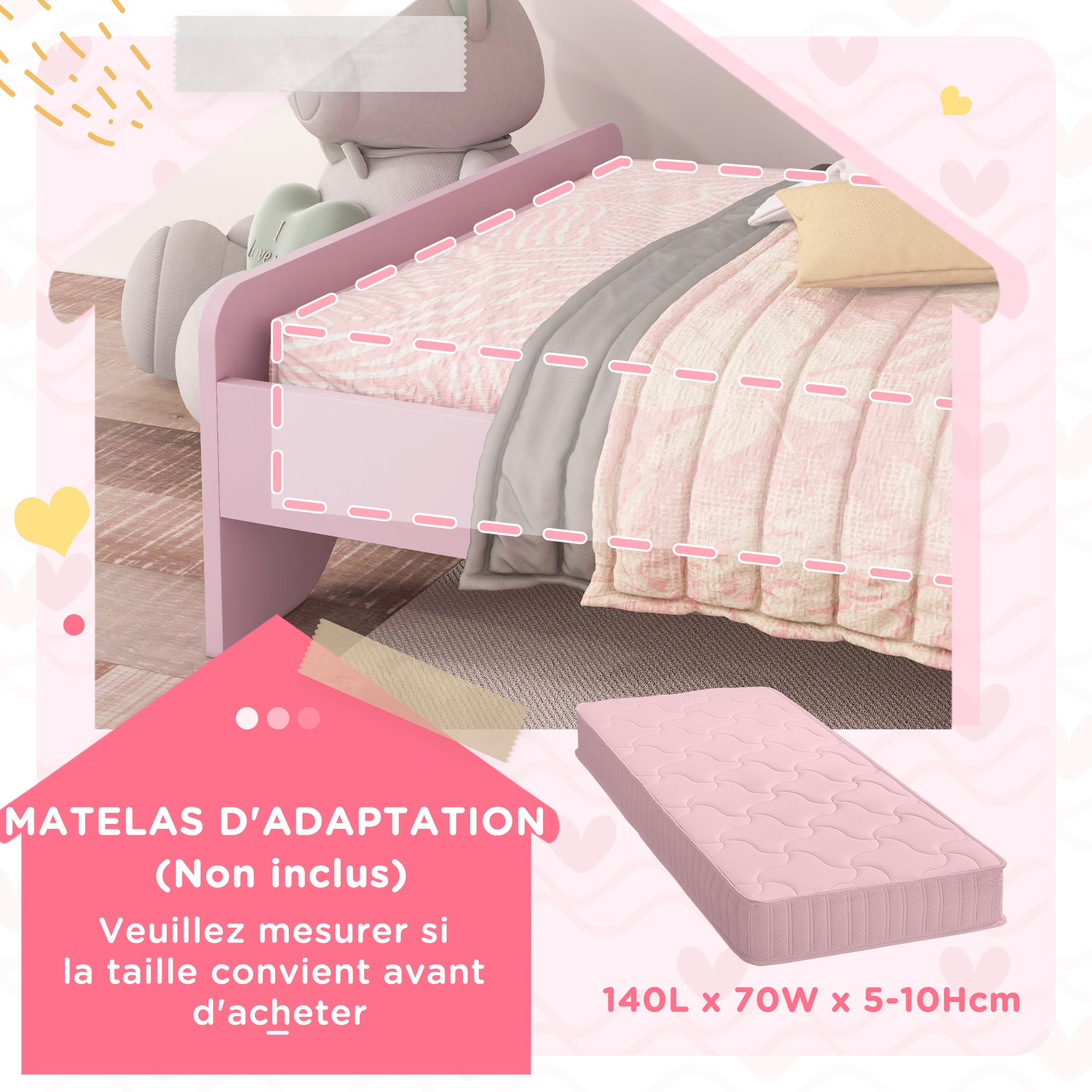 ZONEKIZ Children's Bed for 3 to 6-Year-Olds 143 x 74 x 55 cm Cloud Design - Slatted Base Included, Modern Pink Room