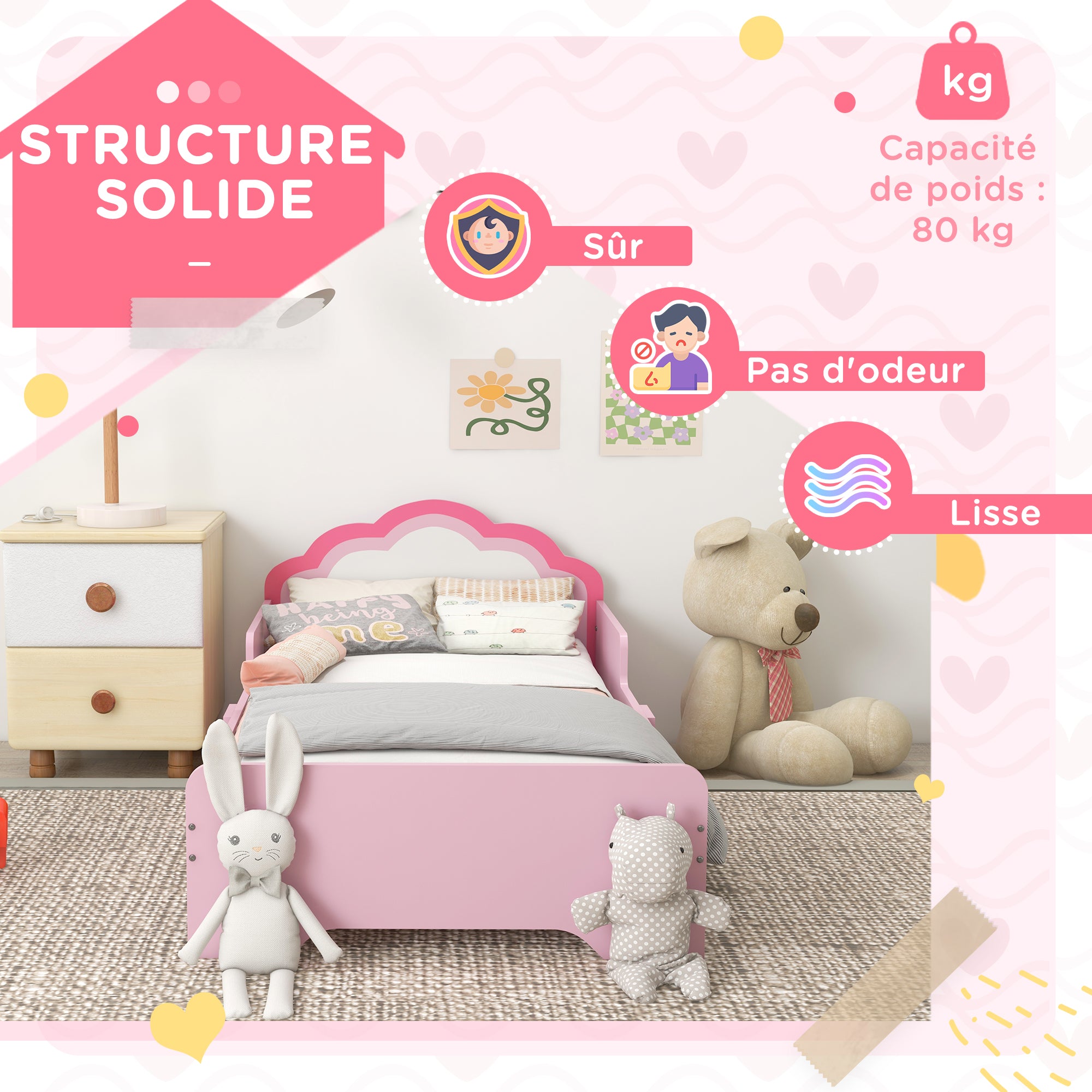 ZONEKIZ Children's Bed for 3 to 6-Year-Olds 143 x 74 x 55 cm Cloud Design - Slatted Base Included, Modern Pink Room