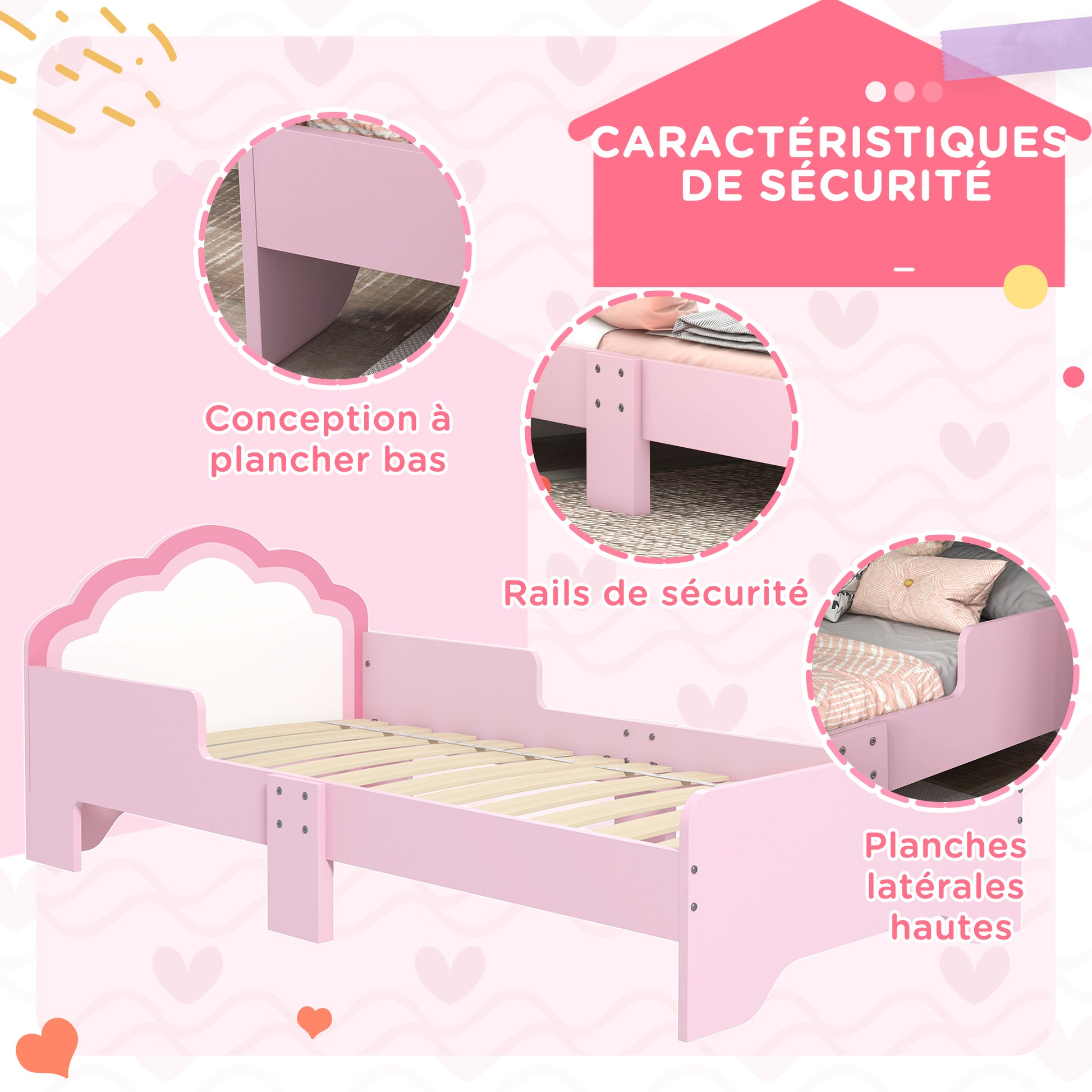 ZONEKIZ Children's Bed for 3 to 6-Year-Olds 143 x 74 x 55 cm Cloud Design - Slatted Base Included, Modern Pink Room