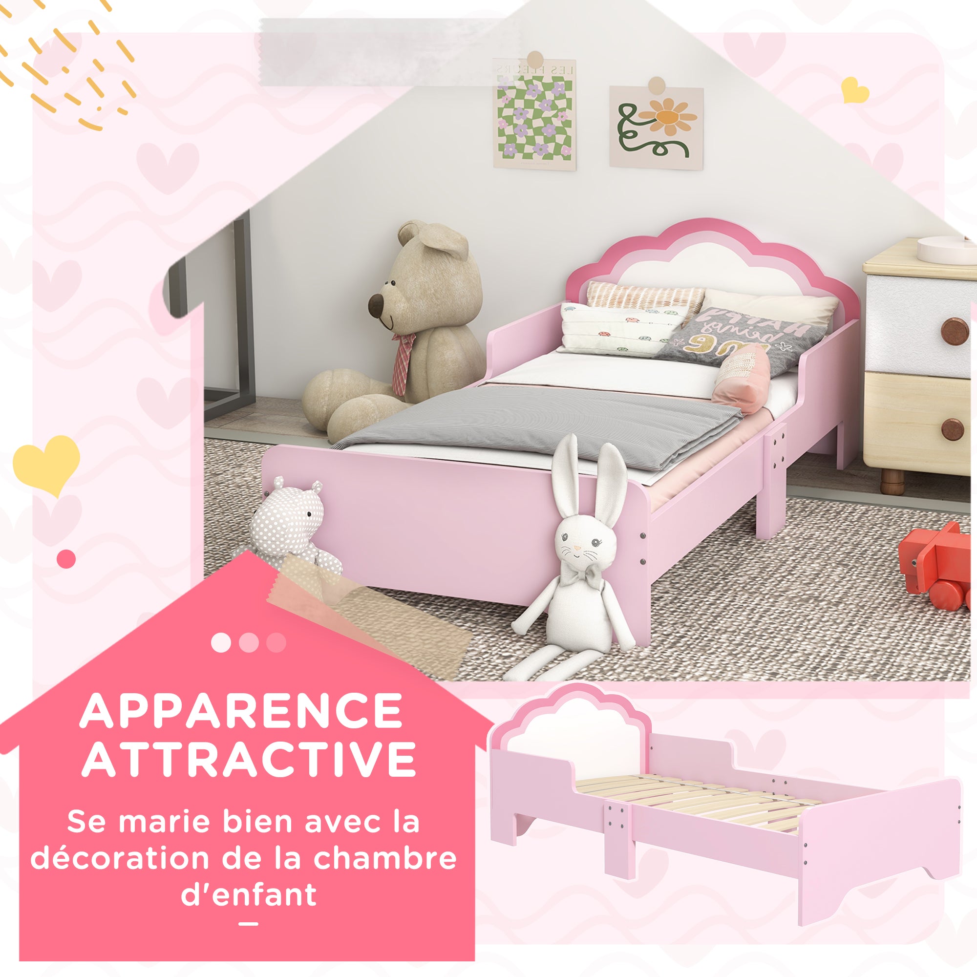 ZONEKIZ Children's Bed for 3 to 6-Year-Olds 143 x 74 x 55 cm Cloud Design - Slatted Base Included, Modern Pink Room