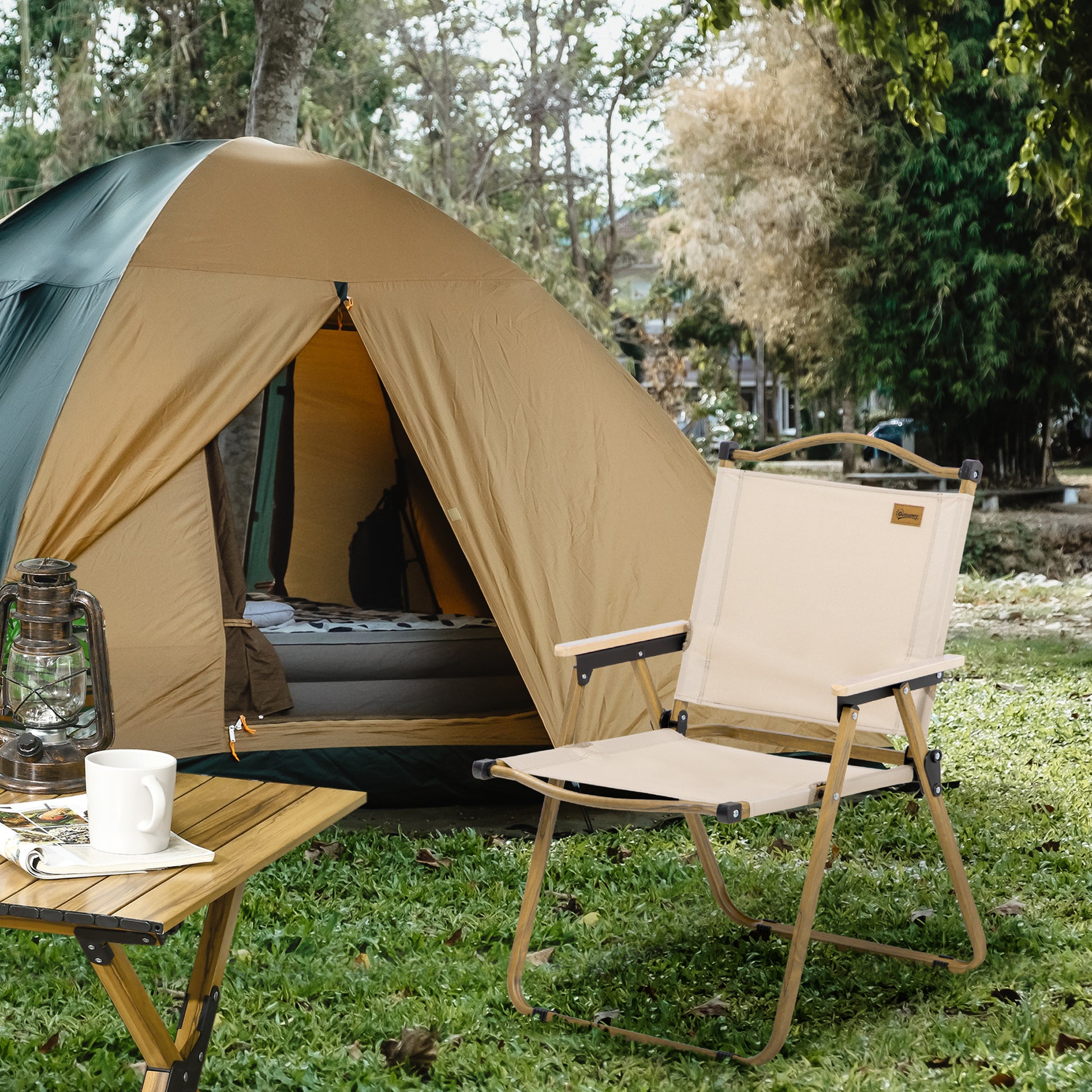Camping Chair Fishing Chair Folding with Armrests - Oxford Fabric and Steel Frame - 54 x 59 x 78 cm - Khaki