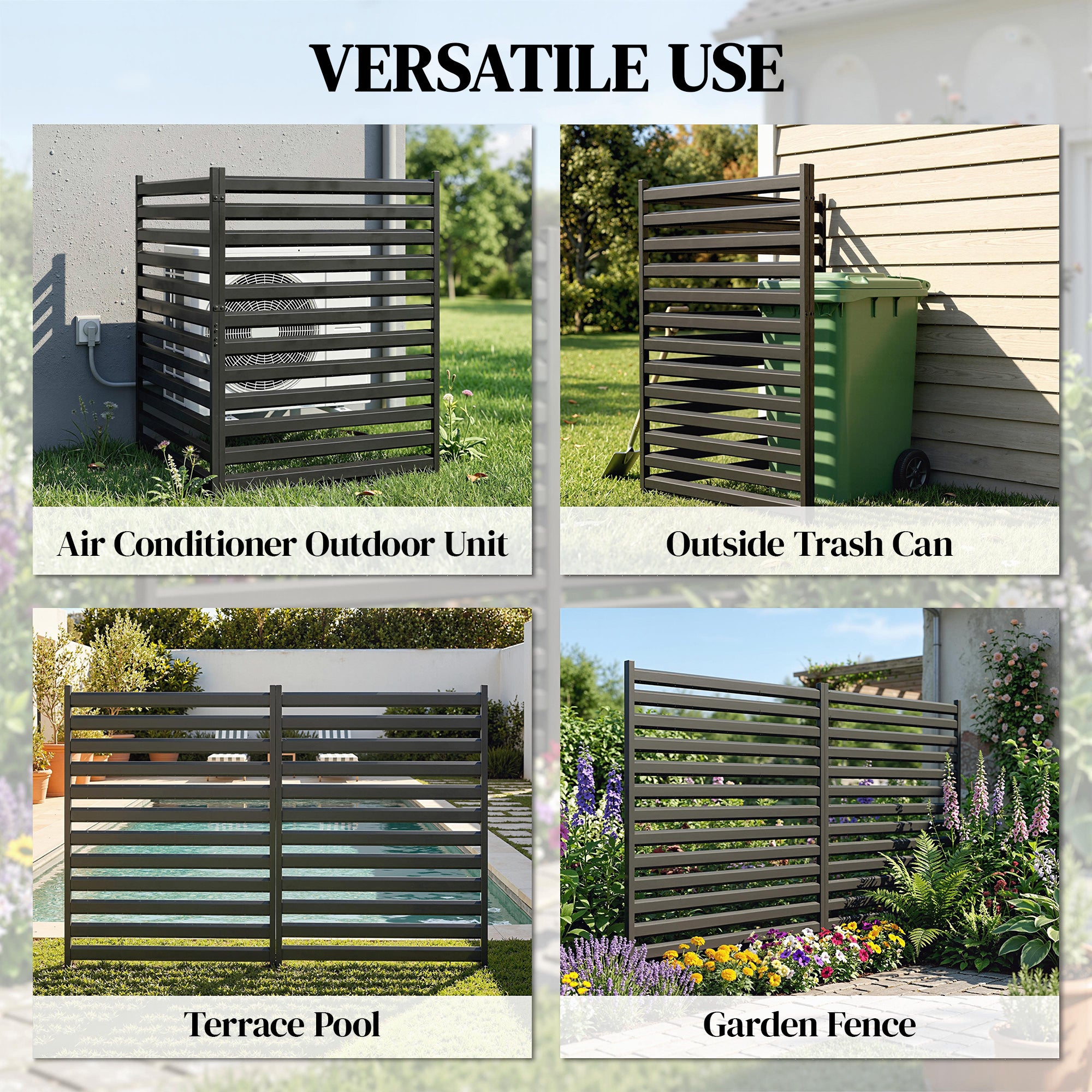 Garden Fence 2 Panels 59.8 x 35.8 in Metal Privacy Fence with Posts & End Caps, Plug-In Decorative Rust-Resistant Outdoor Panels for Trash, Pool, No-Dig Installation, Black