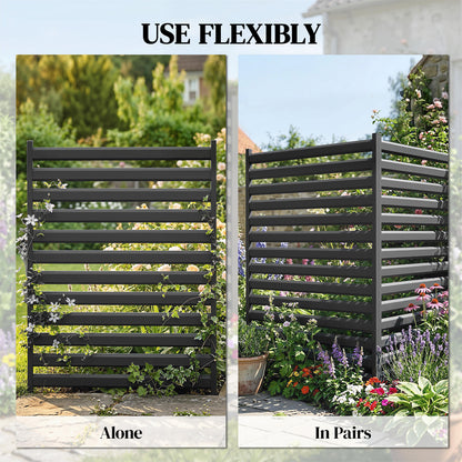 Garden Fence 2 Panels 59.8 x 35.8 in Metal Privacy Fence with Posts & End Caps, Plug-In Decorative Rust-Resistant Outdoor Panels for Trash, Pool, No-Dig Installation, Black