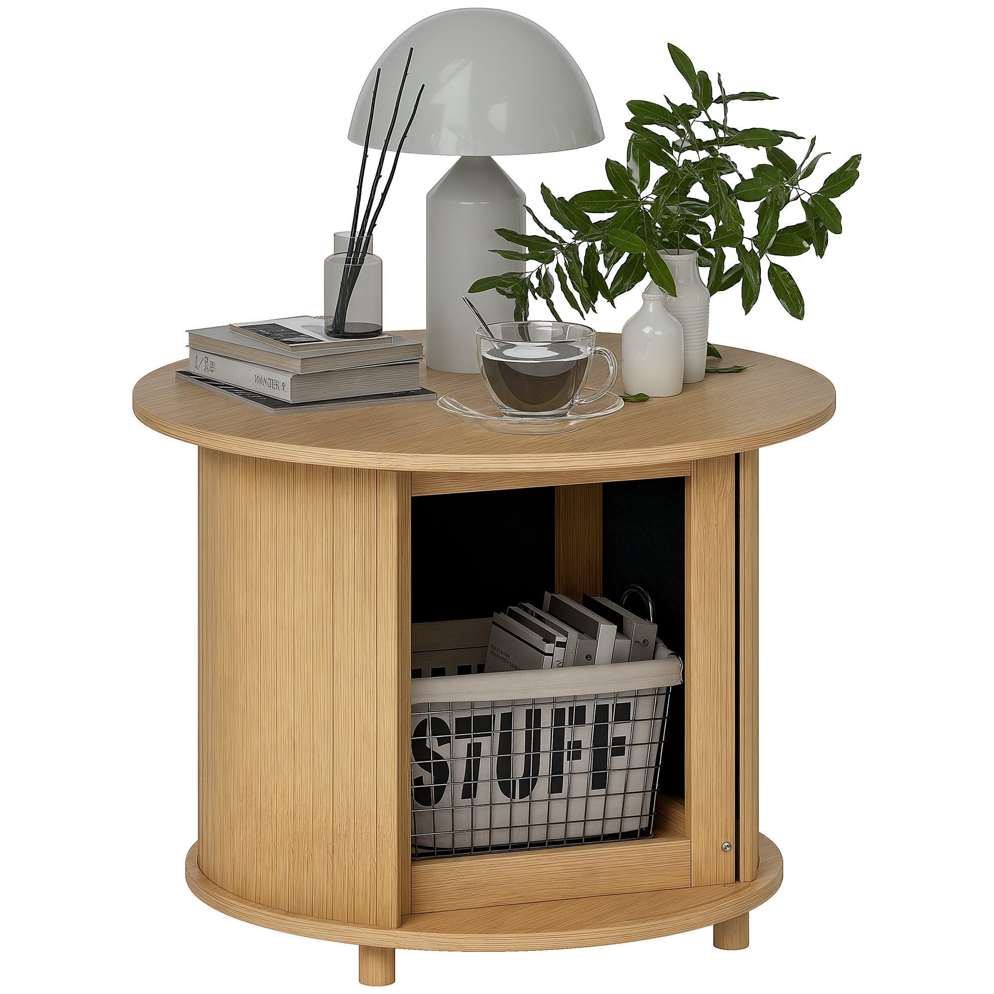 Bamboo Coffee Table Living Room Table with Hidden Storage and Sliding Door, Round Side Table in Modern Style, for Living Room, Natural, Ø60 x 45 cm