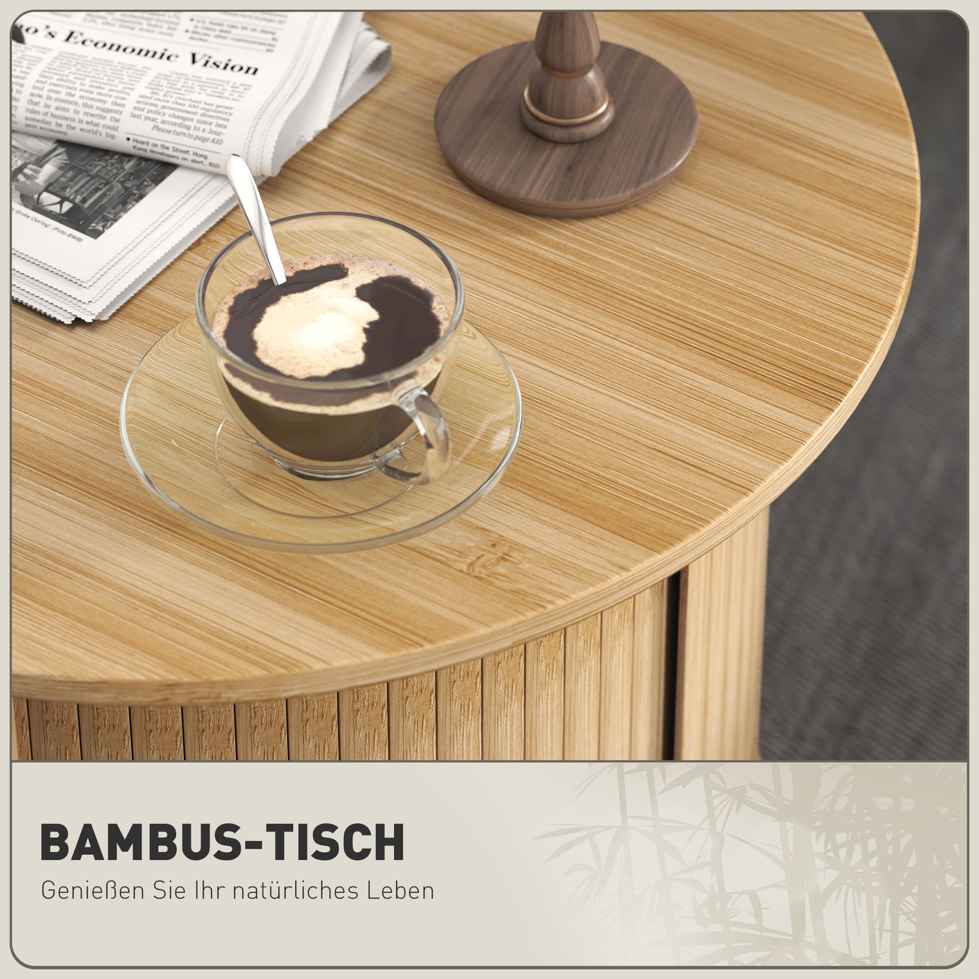 Bamboo Coffee Table Living Room Table with Hidden Storage and Sliding Door, Round Side Table in Modern Style, for Living Room, Natural, Ø60 x 45 cm