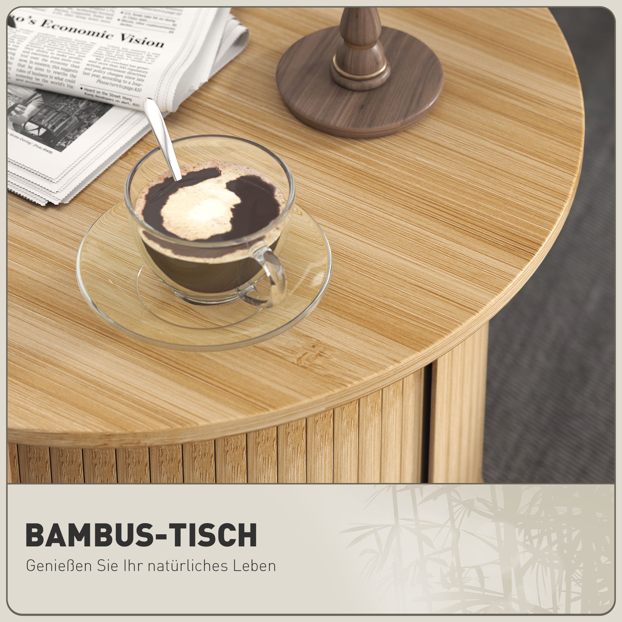 Bamboo Coffee Table Living Room Table with Hidden Storage and Sliding Door, Round Side Table in Modern Style, for Living Room, Natural, Ø60 x 45 cm